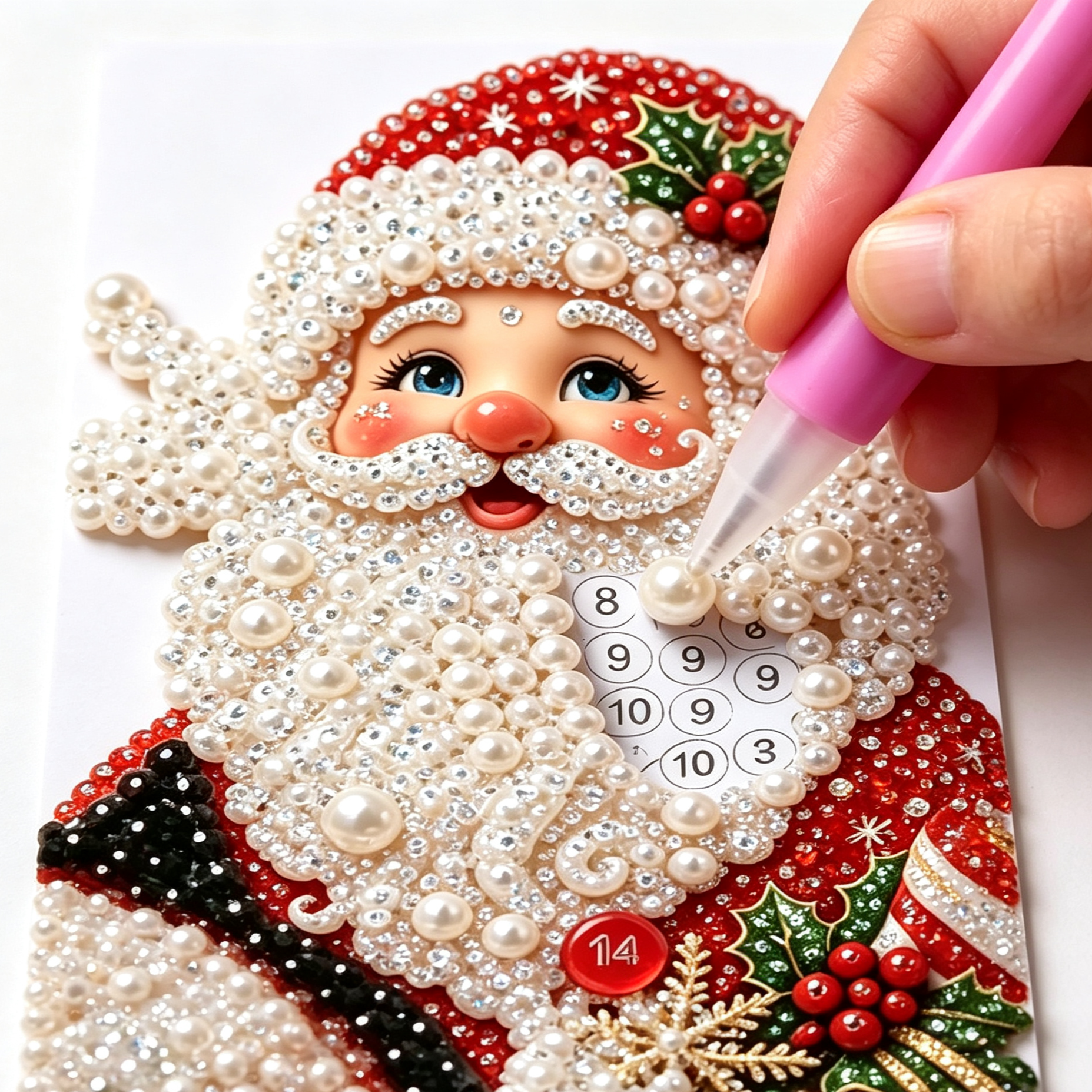 Applying pearl beads to Christmas DIY design