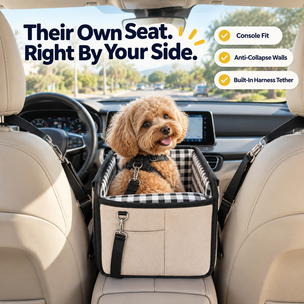 Small dog riding in center console pet seat