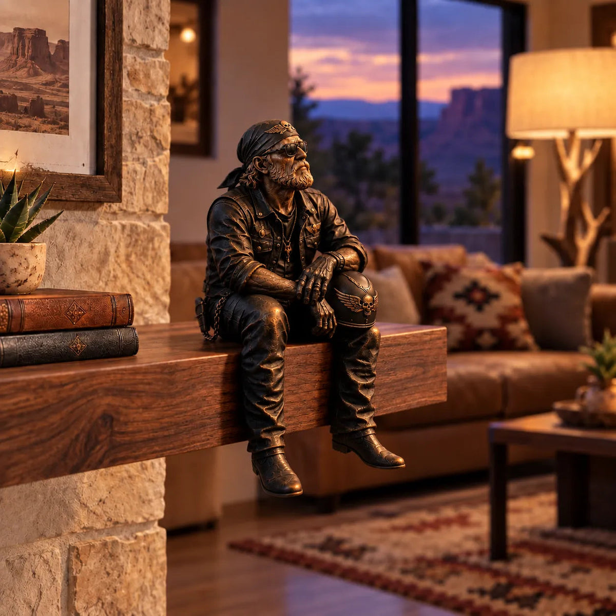 Style A old biker shelf sitter holding helmet