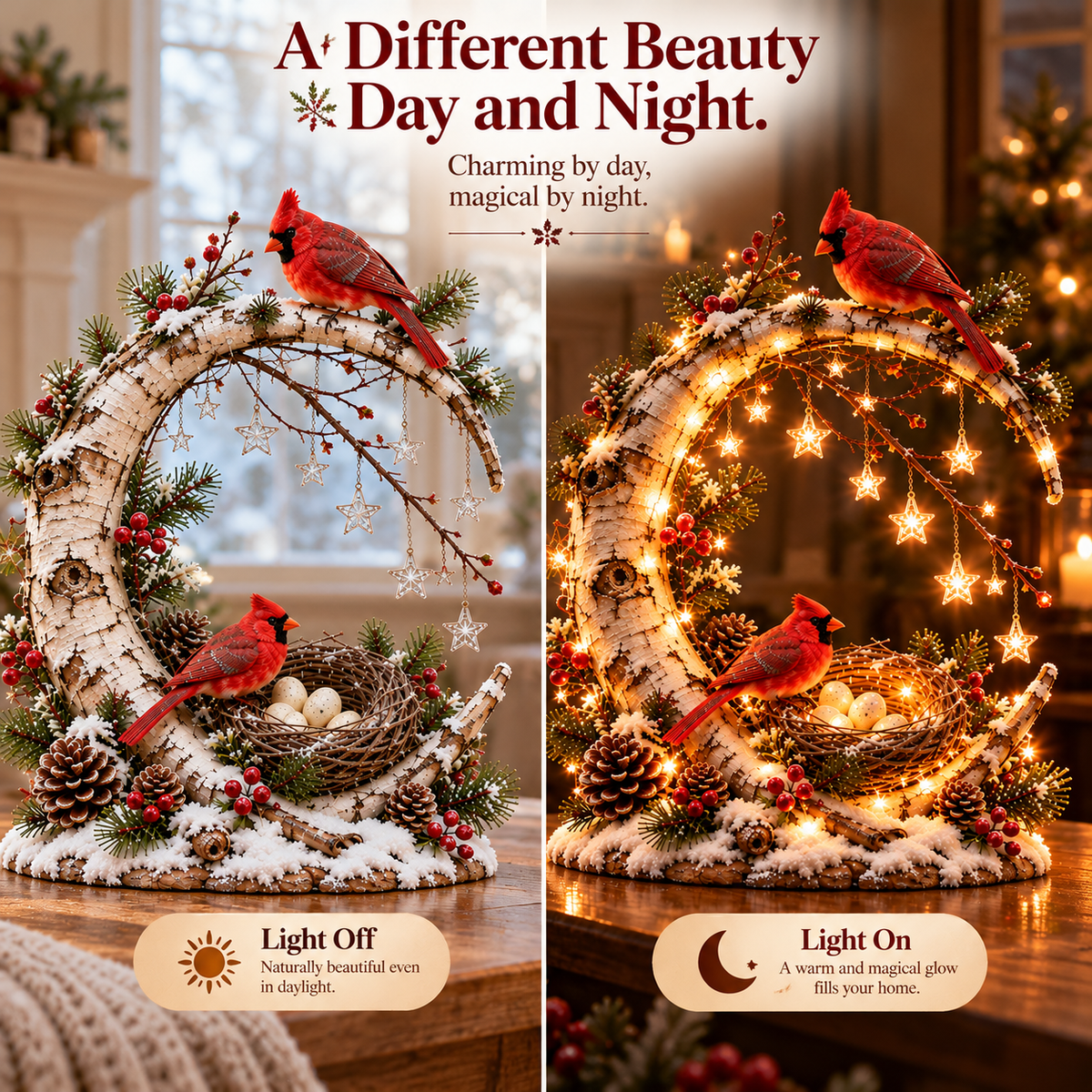 Side-by-side view of the crescent cardinal ornament with its lights off and on