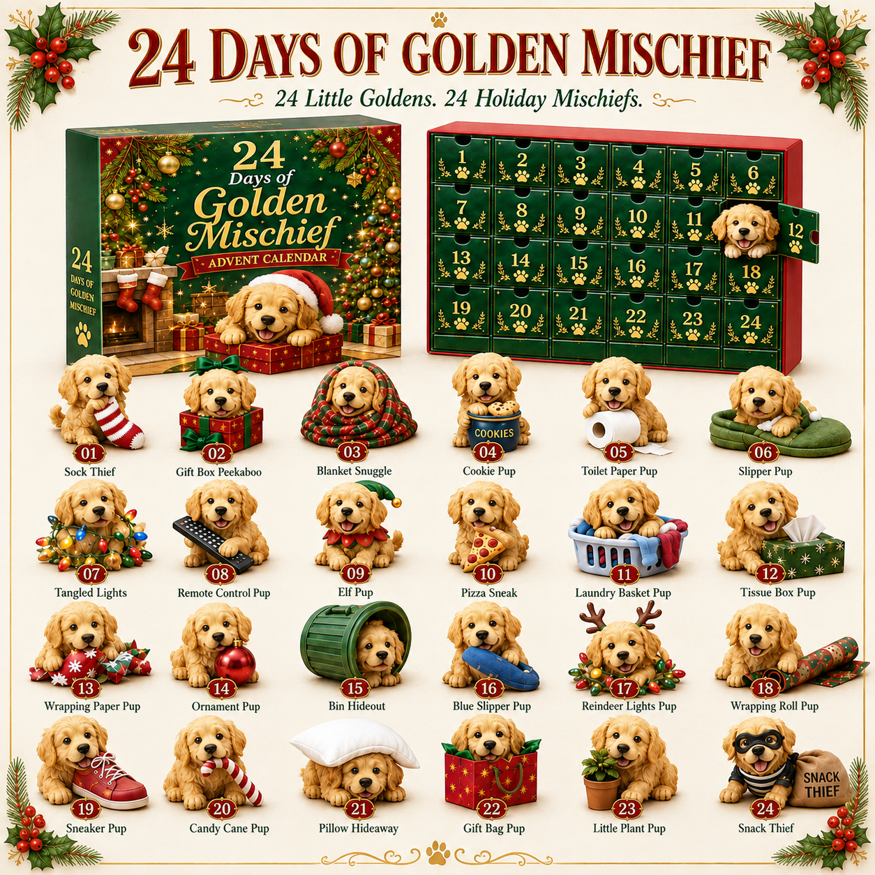 24 unique Golden Mischief Golden Retriever characters