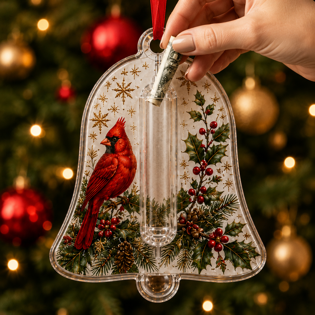 Hand placing cash inside Christmas bell money holder ornament