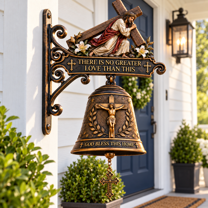 Jesus Cross Christian Hanging Bell – “God Bless This Home” Rustic Faith-Inspired Door & Porch Decor