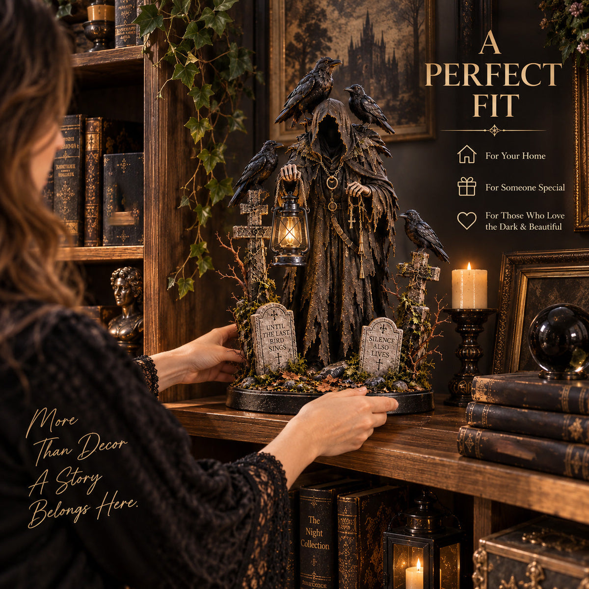 Keeper of the Last Light Raven Guardian displayed on a gothic bookshelf