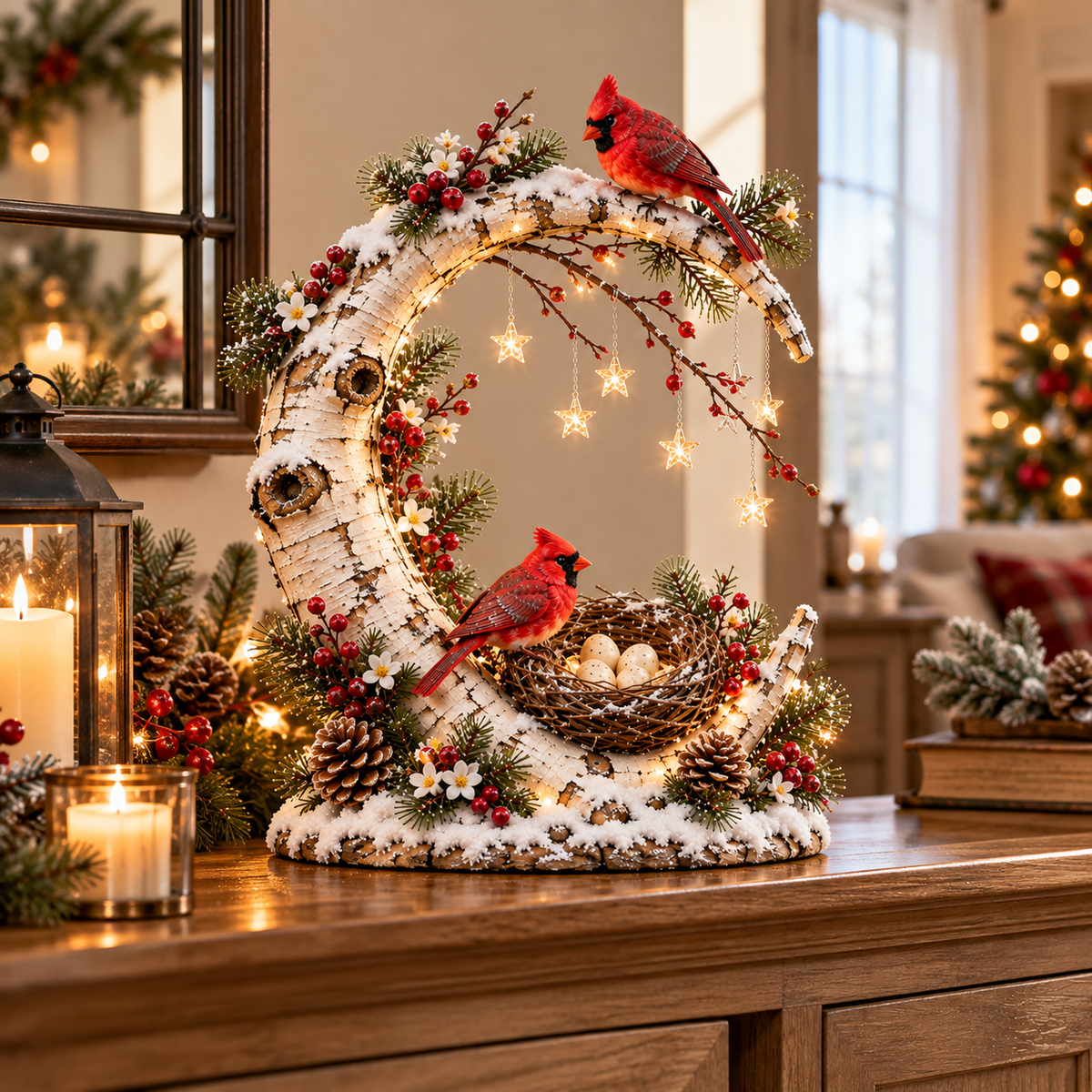 Cardinal Moonlight Haven illuminated crescent with two cardinals and a nest displayed in a warm home
