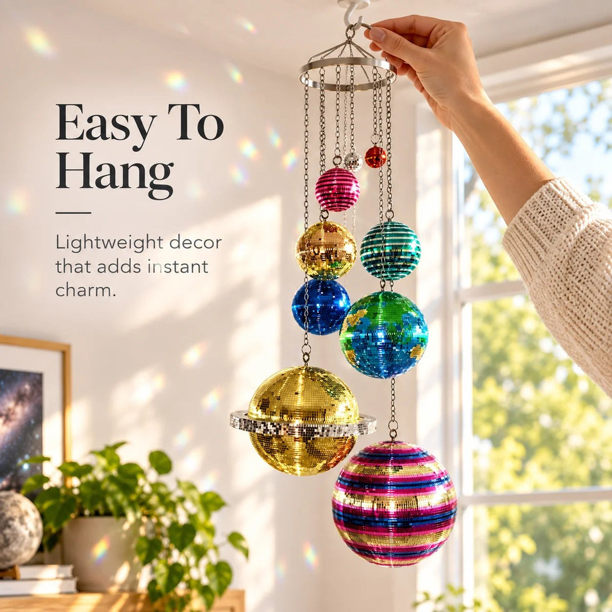 🌈 Solar System Disco Ball Hanging Mobile – Colorful Reflective Celestial Room Decor，10*26in