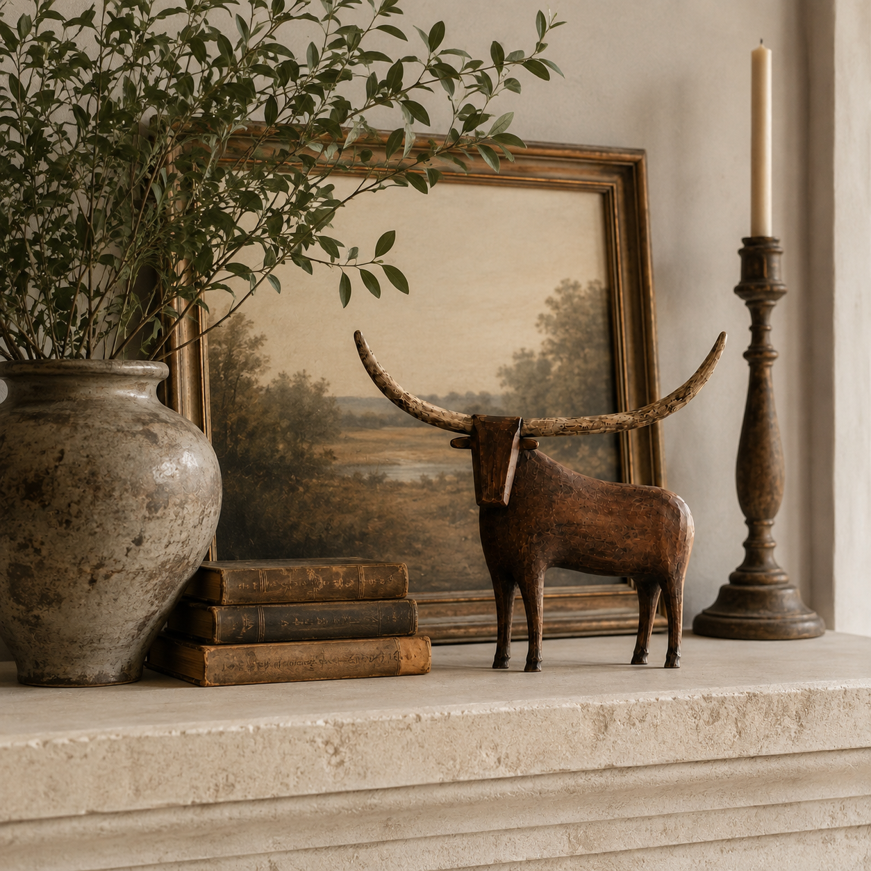 🐂 Vintage Longhorn Sculpture – Antique-Inspired Western Home Accent