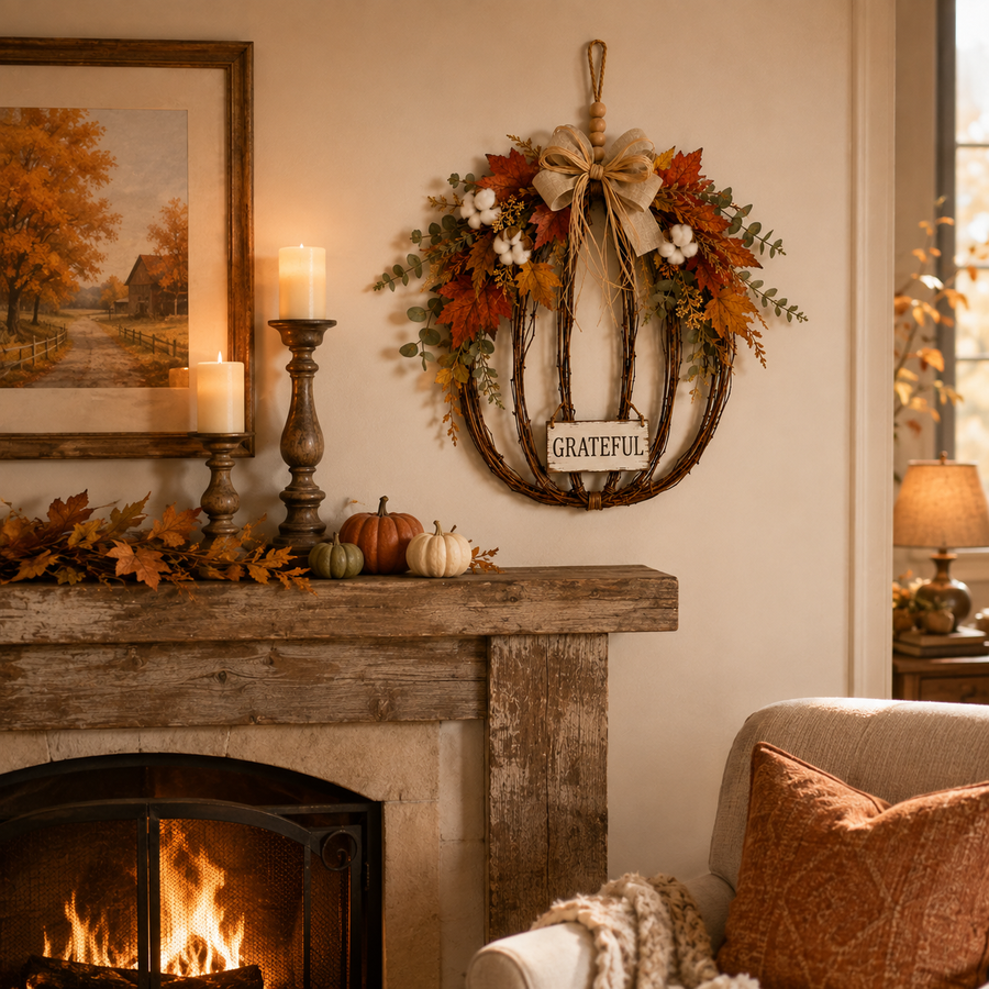 Fall pumpkin hanging decor displayed above a cozy fireplace