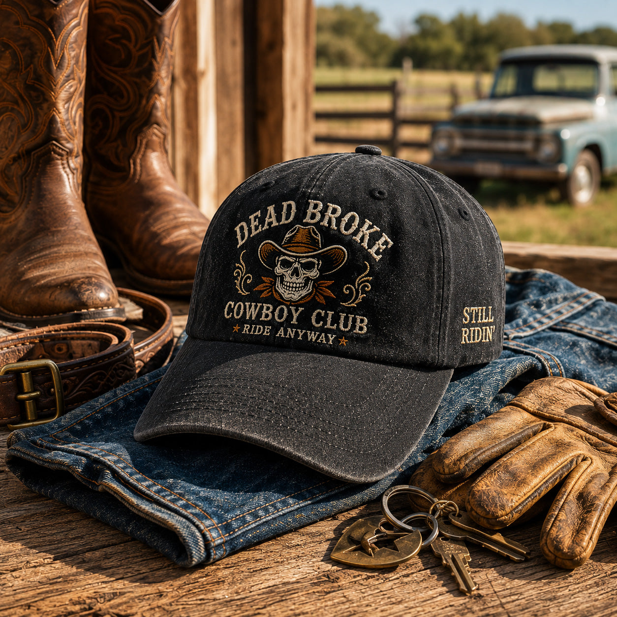 🤠 Dead Broke Cowboy Club Vintage Western Cap — Embroidered Washed Baseball Hat