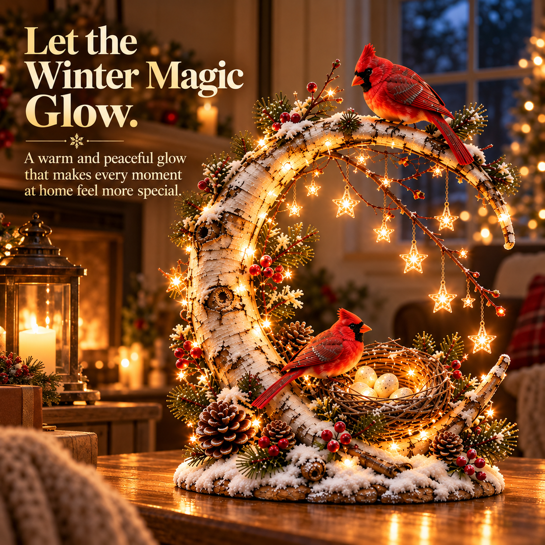 Cardinal crescent ornament softly illuminated in a cozy home at night