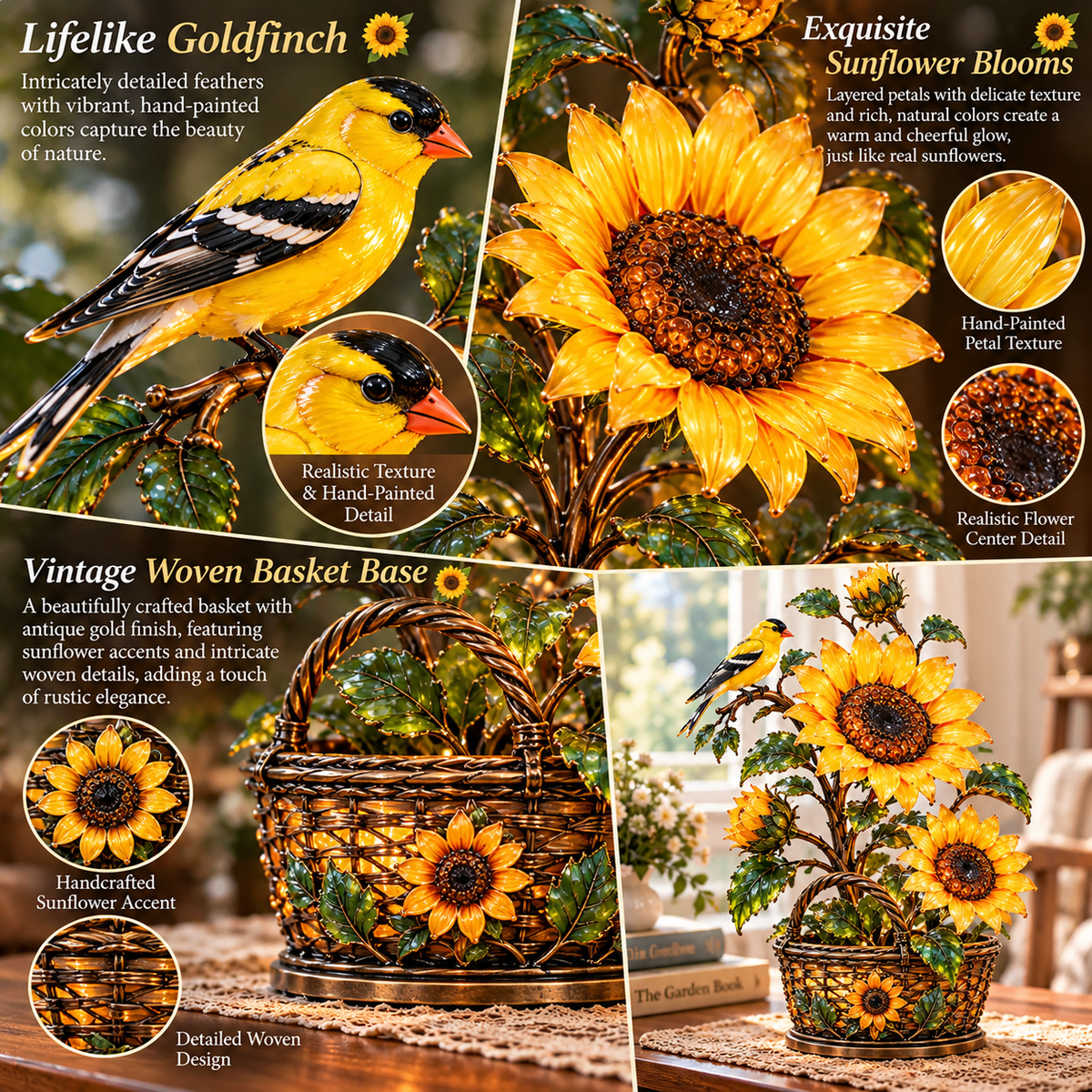 Product details of golden goldfinch, layered sunflower petals, textured centers and woven-looking vintage basket base
