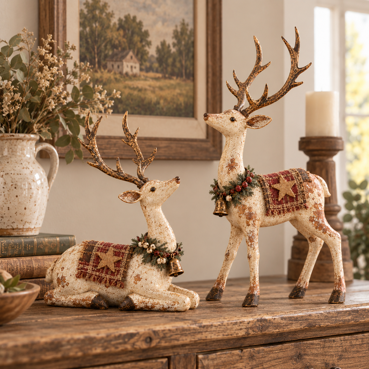 🦌✨ Rustic Farmhouse Reindeer Figurine Set 🎄🤎