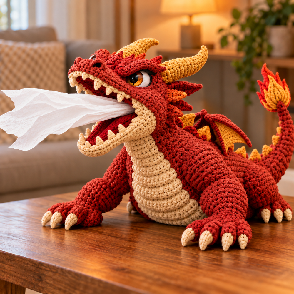 Red and golden horned crochet fire-breathing dragon with a tissue coming from its open mouth