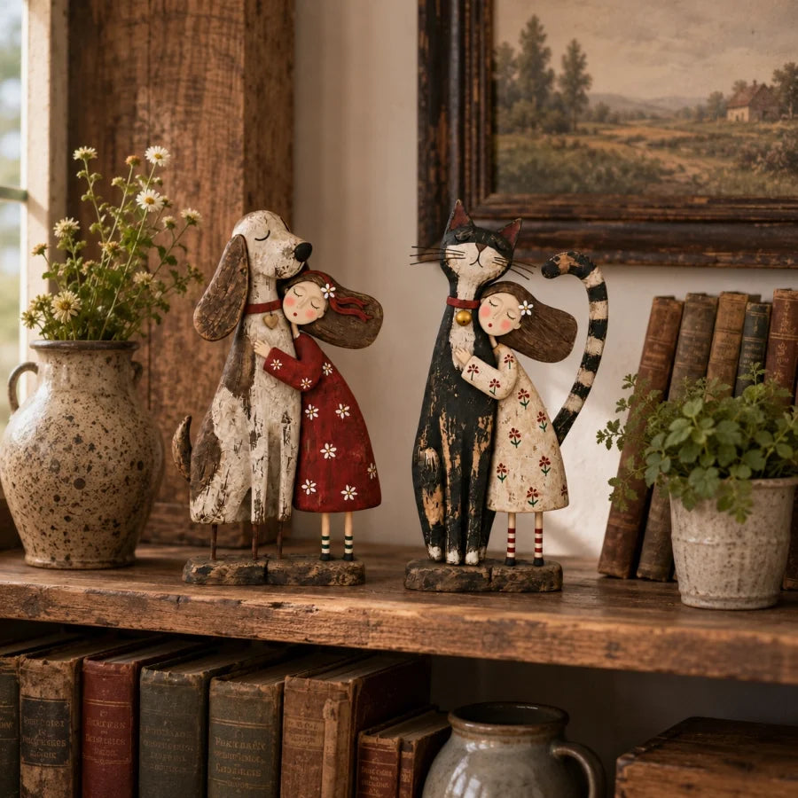Dog and cat best friend figurines on rustic shelf