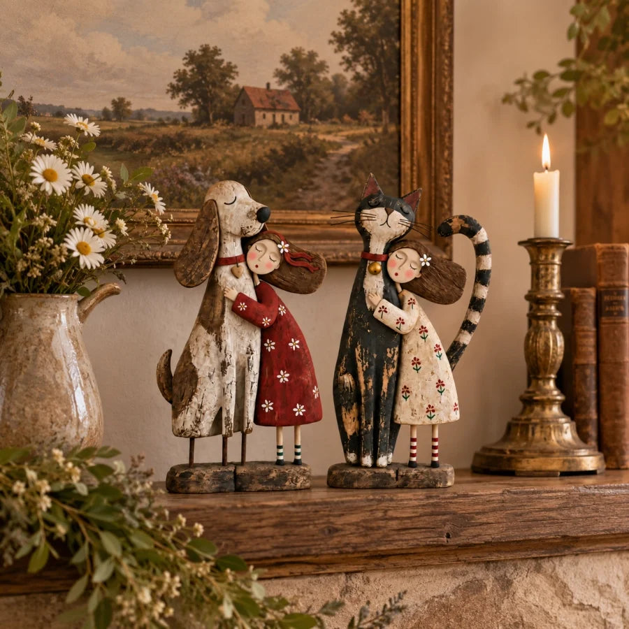 Girl with dog and cat folk art figurines