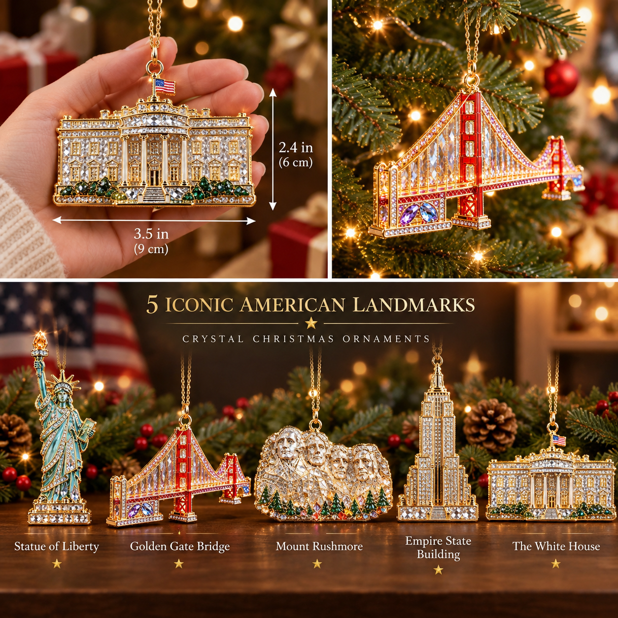 Five iconic American landmark crystal Christmas ornaments with names