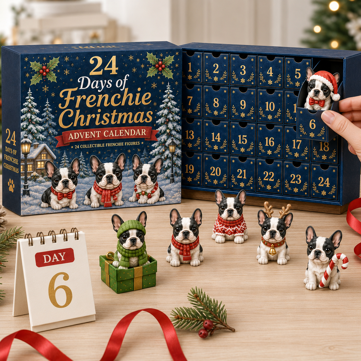 Opening a numbered drawer from the Frenchie Christmas Advent Calendar