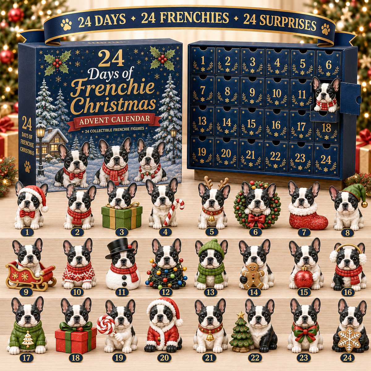 24 Days of Frenchie Christmas Advent Calendar with 24 collectible French Bulldog figures