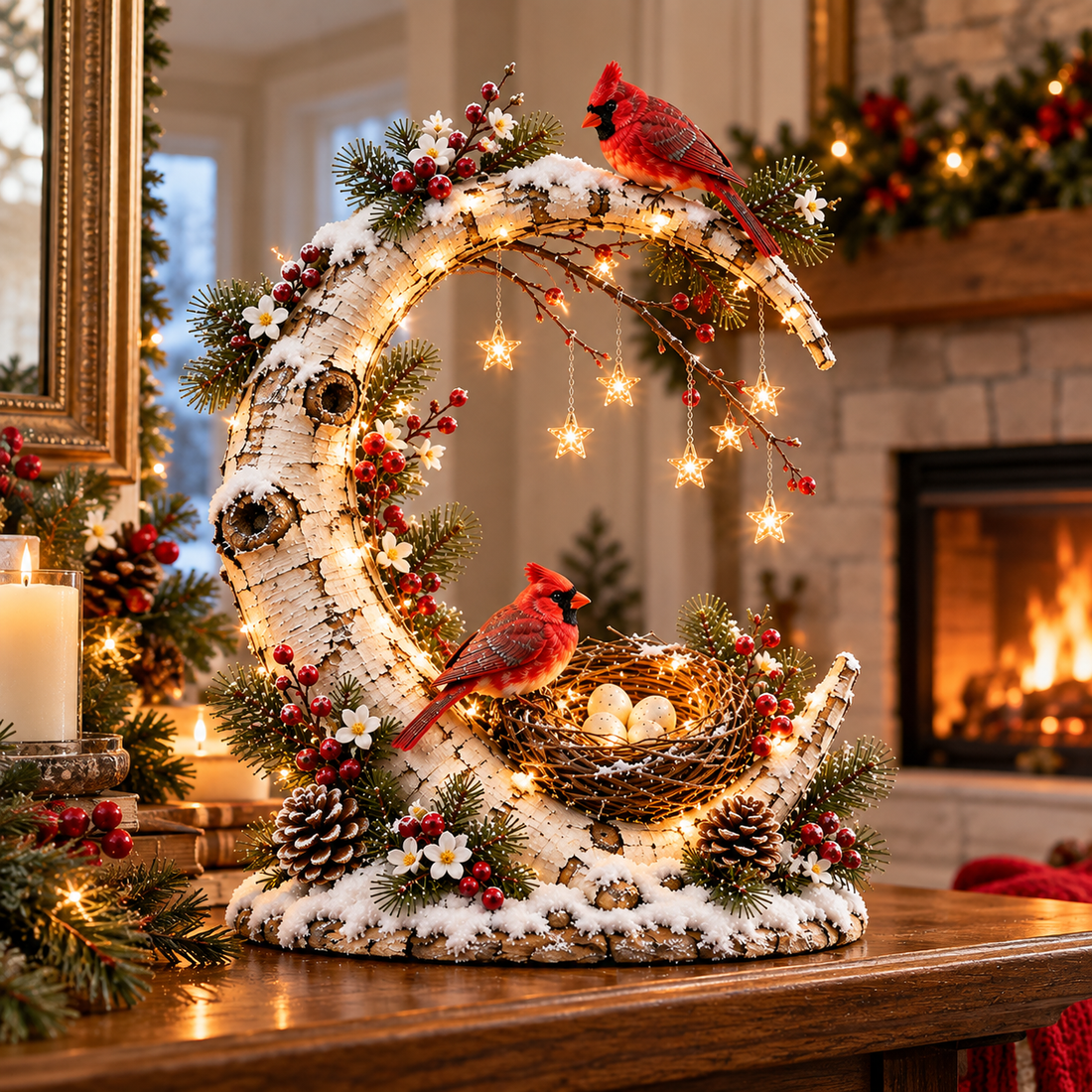 Moonlight cardinal decoration displayed on a wooden console in a cozy American home