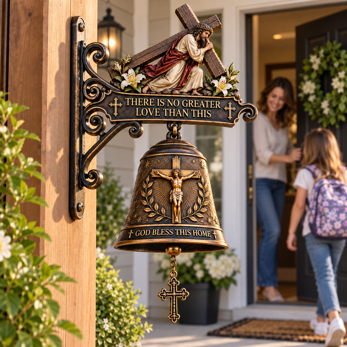 Jesus Cross Christian Hanging Bell – “God Bless This Home” Rustic Faith-Inspired Door & Porch Decor