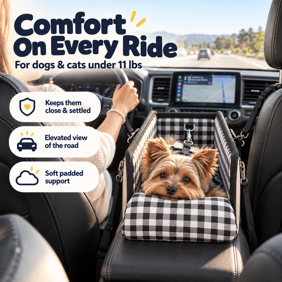 Small dog resting in padded center console travel seat