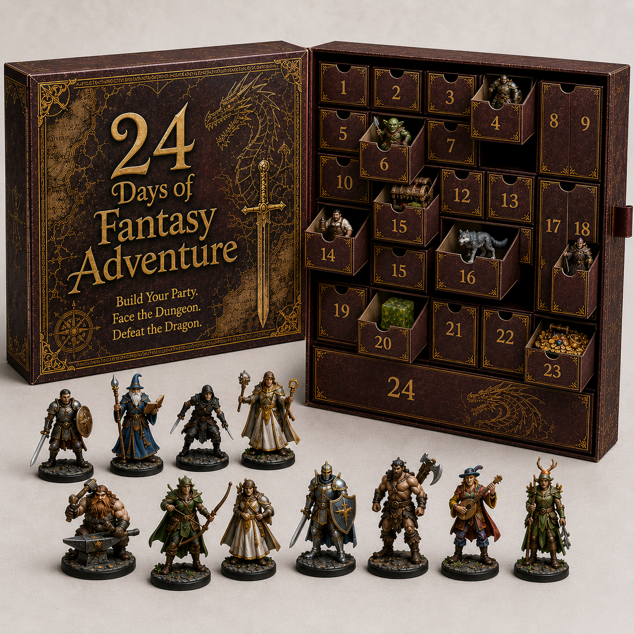 Fantasy advent calendar drawers opening to reveal miniatures