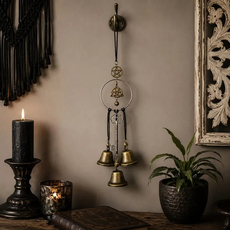 Vintage witch bells displayed in a dark mystical home interior