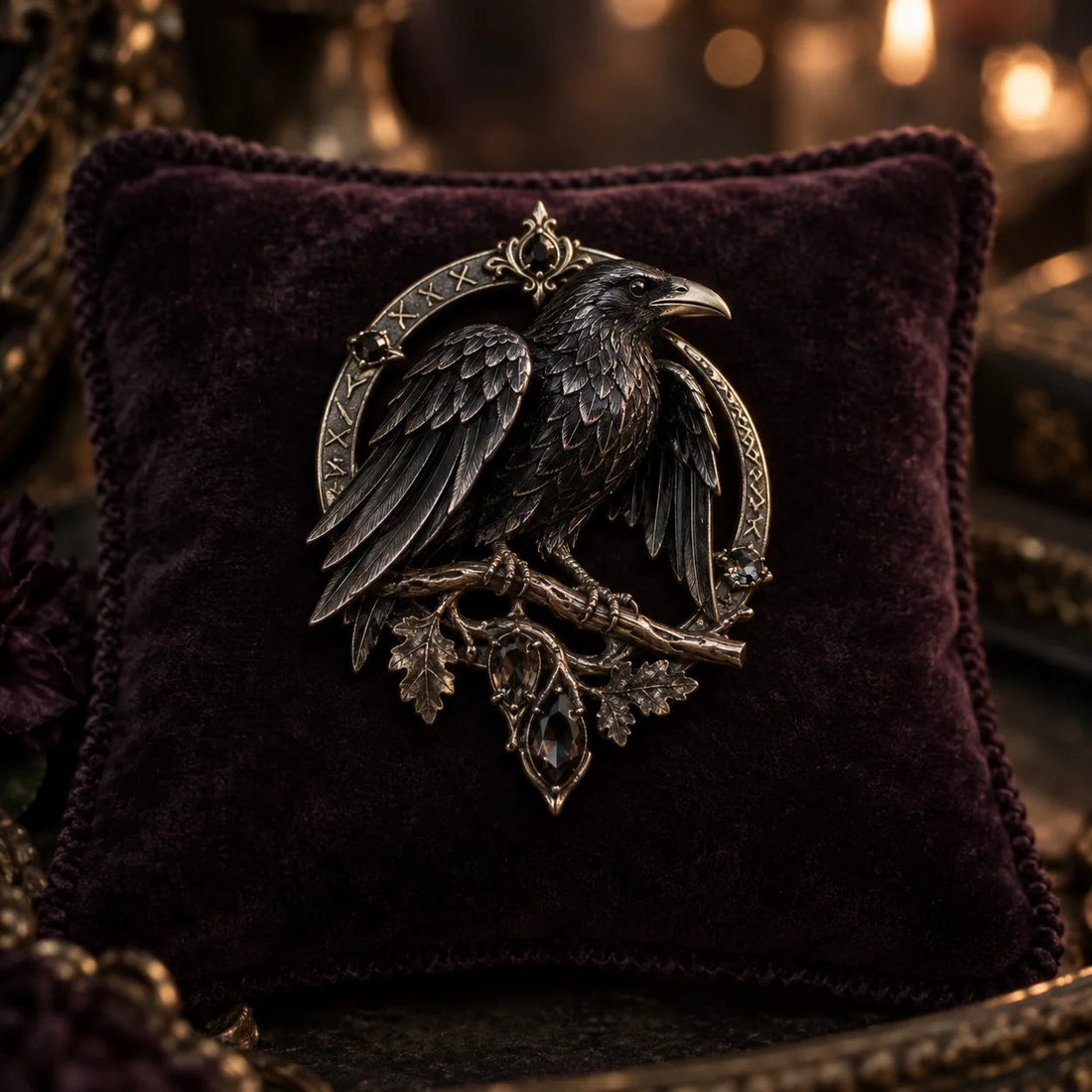 Gothic raven brooch detail