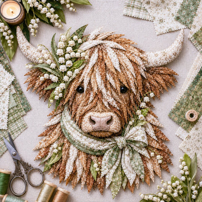 🐮💐🌸 Birth Flower Highland Cow 3D Layered Fabric Art DIY Kit (Beginner-friendly)