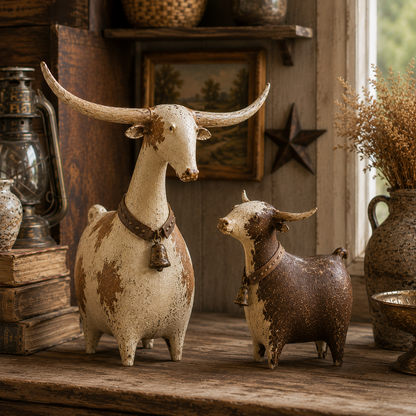 🐂🤎 Rustic Longhorn Cow & Calf Sculpture Set 🤠✨