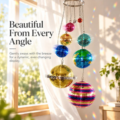 🌈 Solar System Disco Ball Hanging Mobile – Colorful Reflective Celestial Room Decor，10*26in