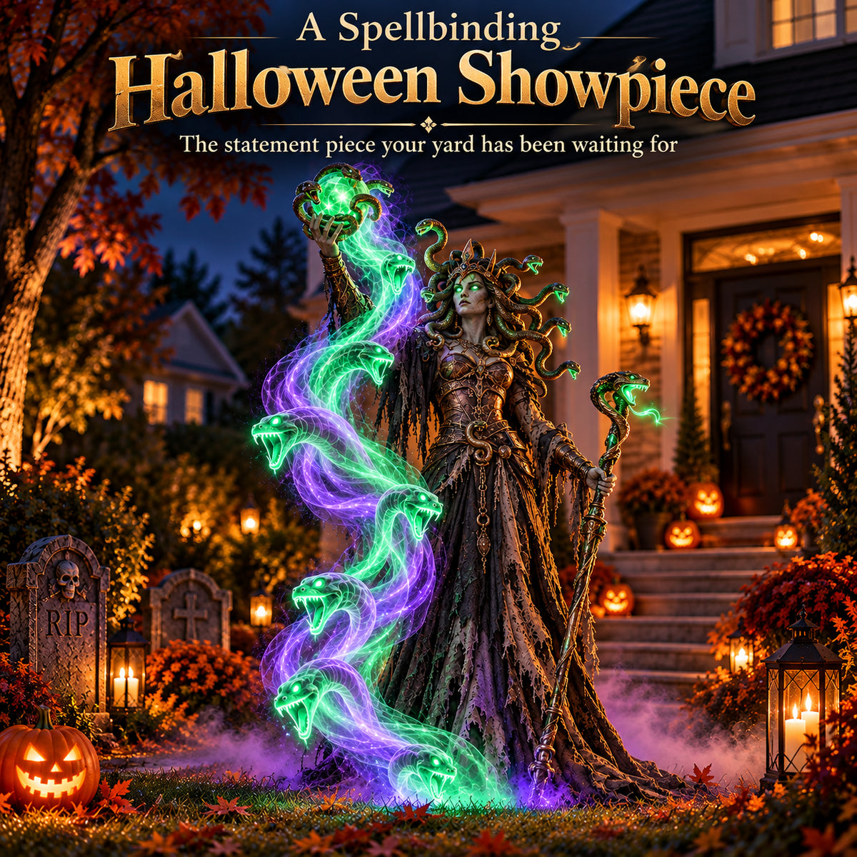 🐍💚 Serpent Queen Lighted Halloween Yard Decor – A Spellbinding Outdoor Showpiece