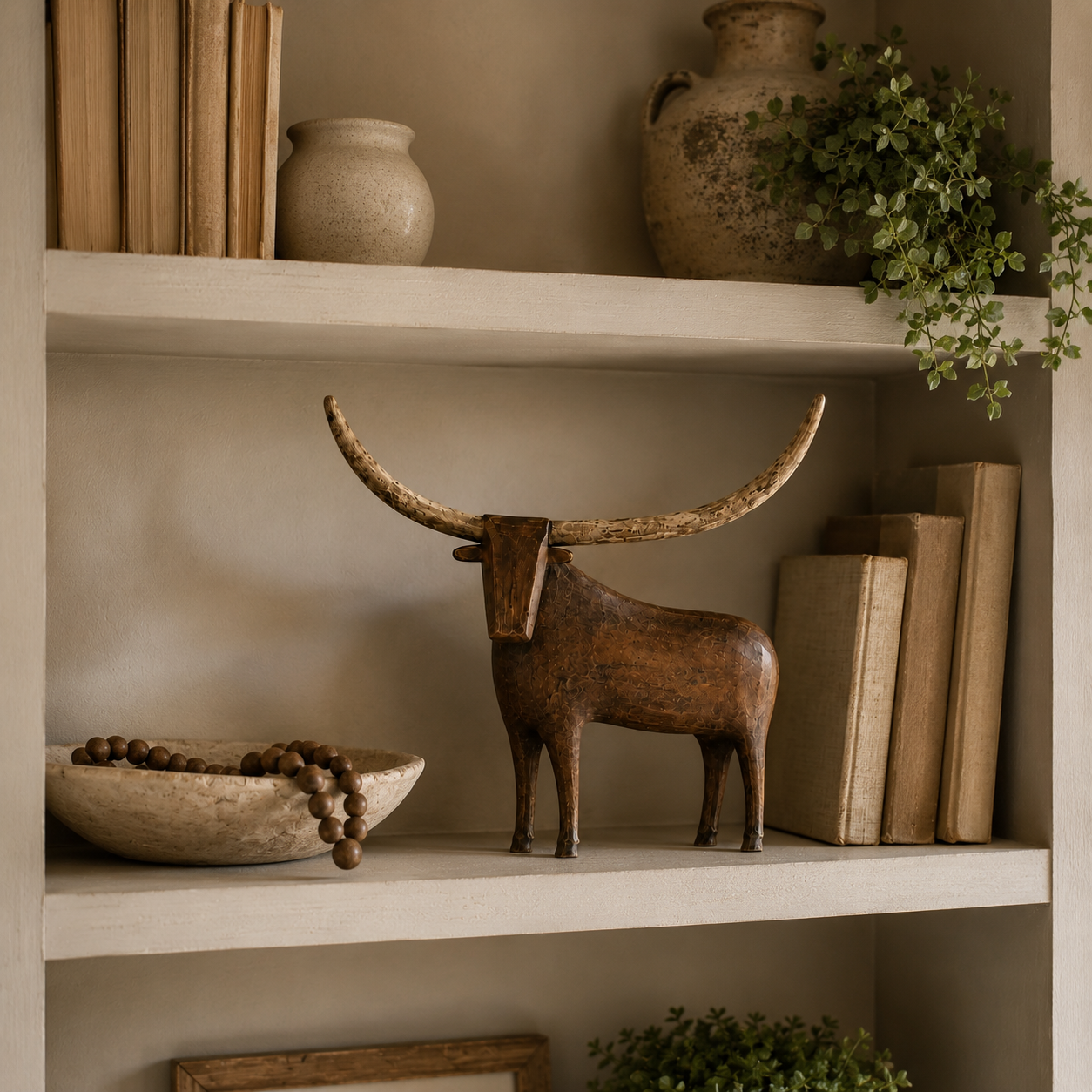 🐂 Vintage Longhorn Sculpture – Antique-Inspired Western Home Accent