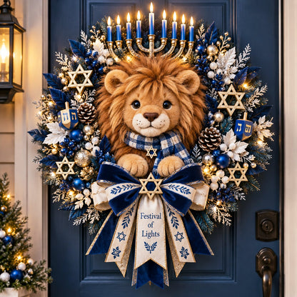 🦁✨ Lion of Judah Hanukkah Lighted Wreath - A Warm & Meaningful Welcome for the Festival of Lights