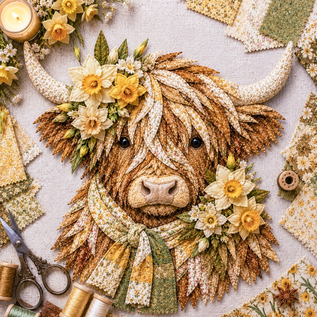 🐮💐🌸 Birth Flower Highland Cow 3D Layered Fabric Art DIY Kit (Beginner-friendly)