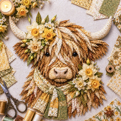 🐮💐🌸 Birth Flower Highland Cow 3D Layered Fabric Art DIY Kit (Beginner-friendly)
