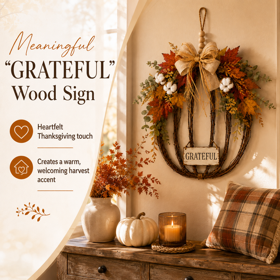 Meaningful grateful wood sign detail on fall pumpkin hanging decor