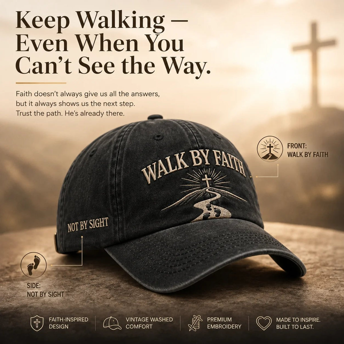 ✝️ WALK BY FAITH Vintage Embroidered Cap |  A Meaningful Vintage-Washed Cap for Church, Everyday Wear, Road Trips & Encouragement Gifts. ✨