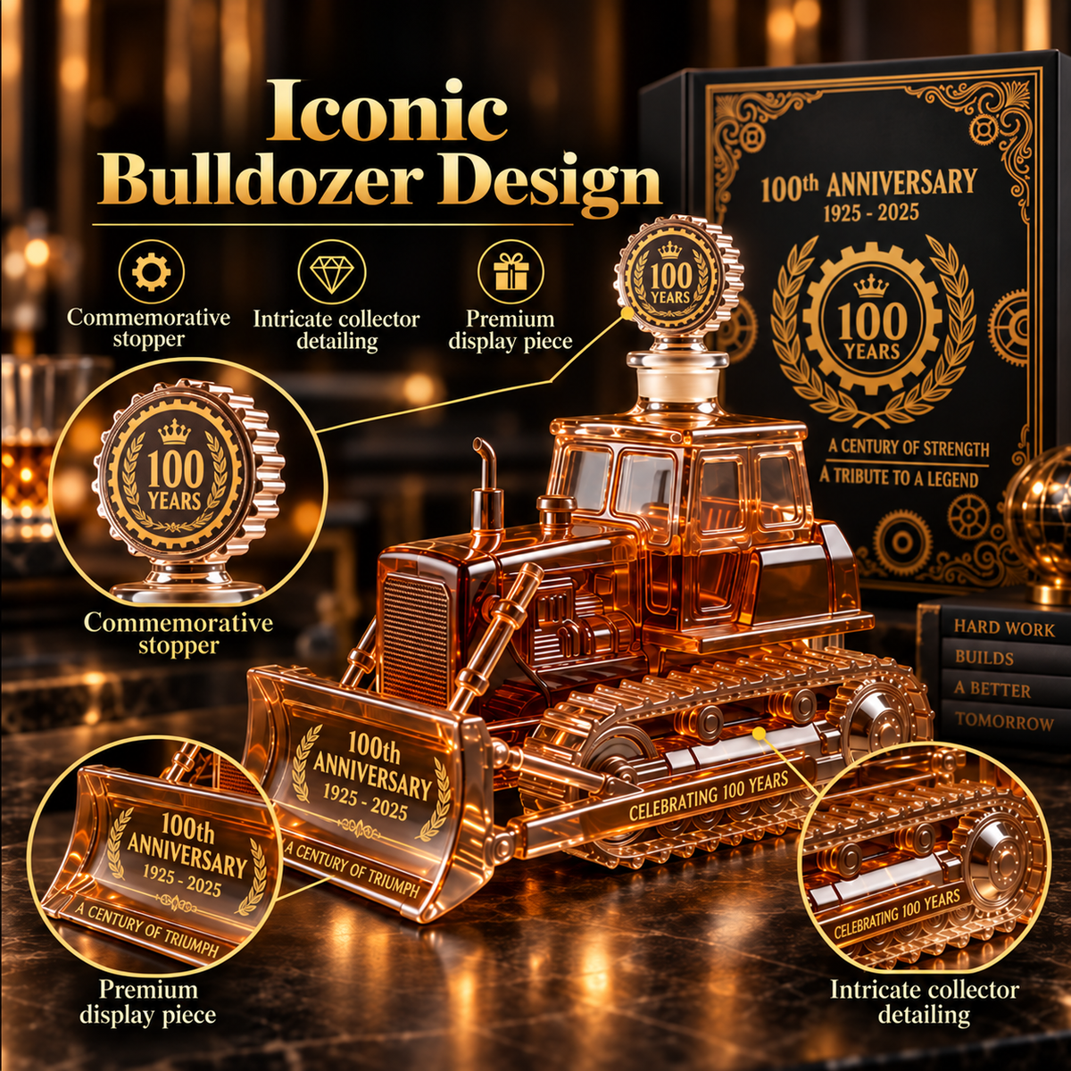 Detailed bulldozer whiskey decanter design