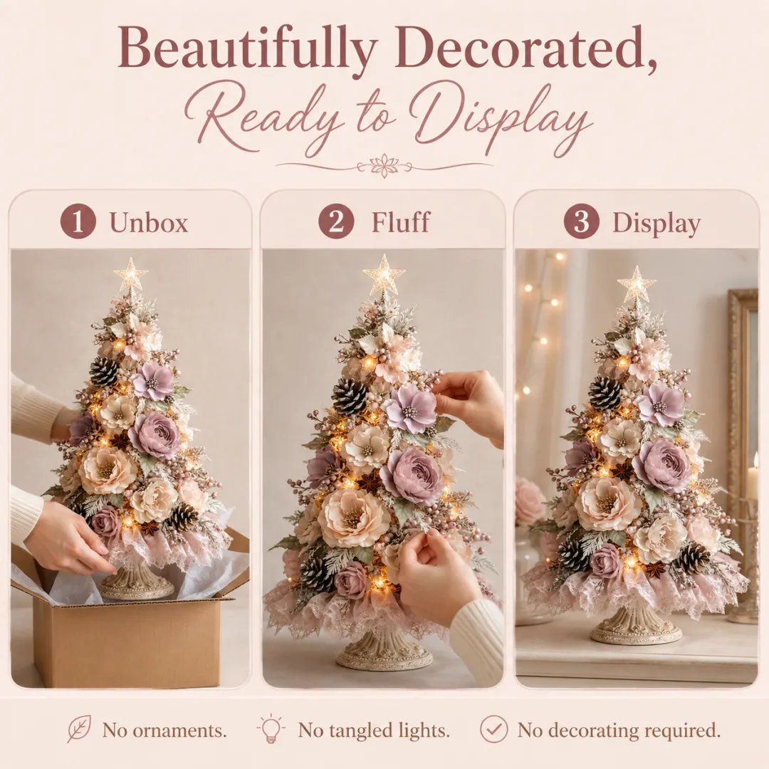 🌸 Blush Bloom™ Pre-Lit Floral Tabletop Christmas Tree