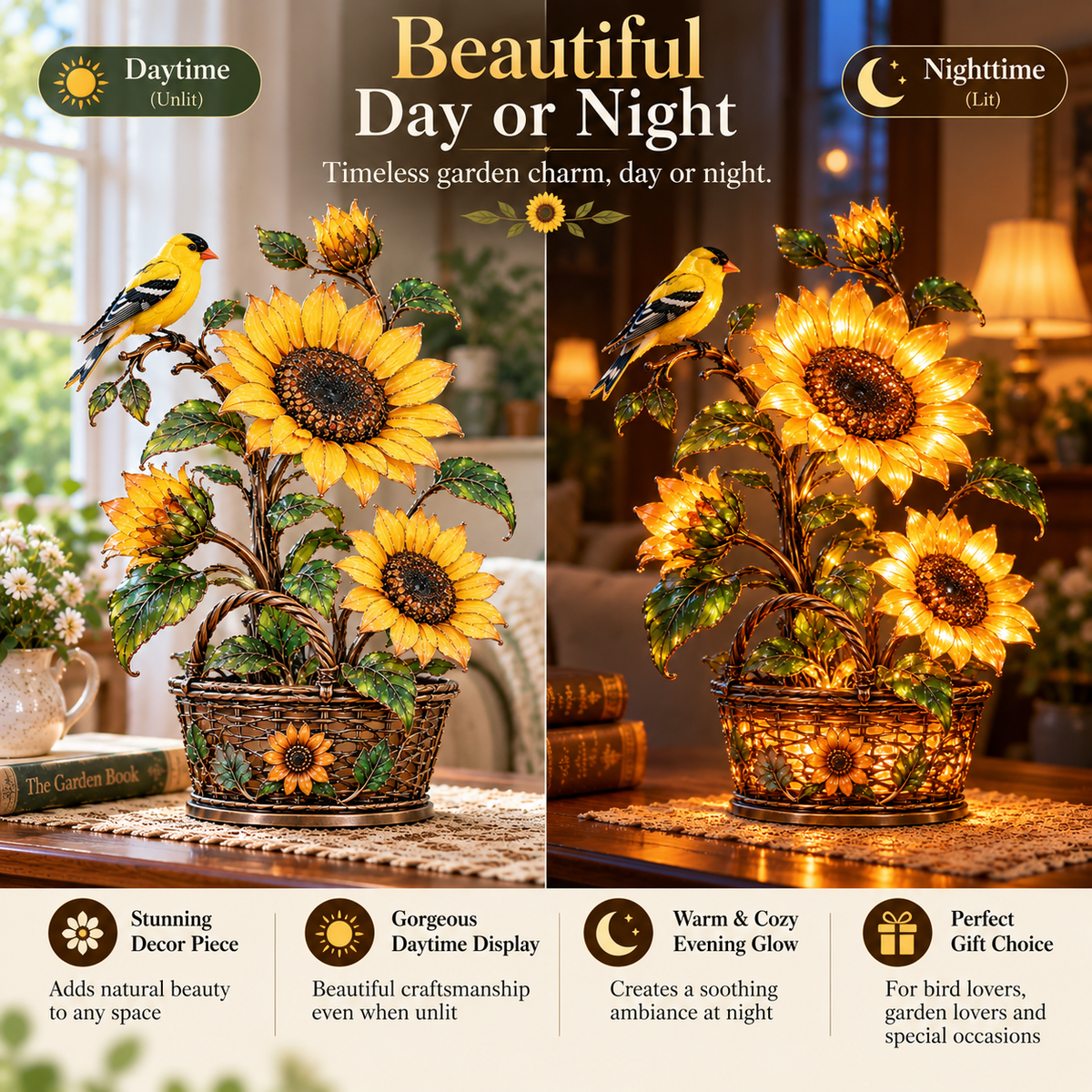 Side-by-side daytime unlit and nighttime illuminated comparison of the golden sunflower goldfinch lamp