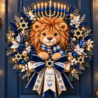 🦁✨ Lion of Judah Hanukkah Lighted Wreath - A Warm & Meaningful Welcome for the Festival of Lights