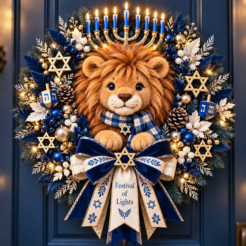 🦁✨ Lion of Judah Hanukkah Lighted Wreath - A Warm & Meaningful Welcome for the Festival of Lights