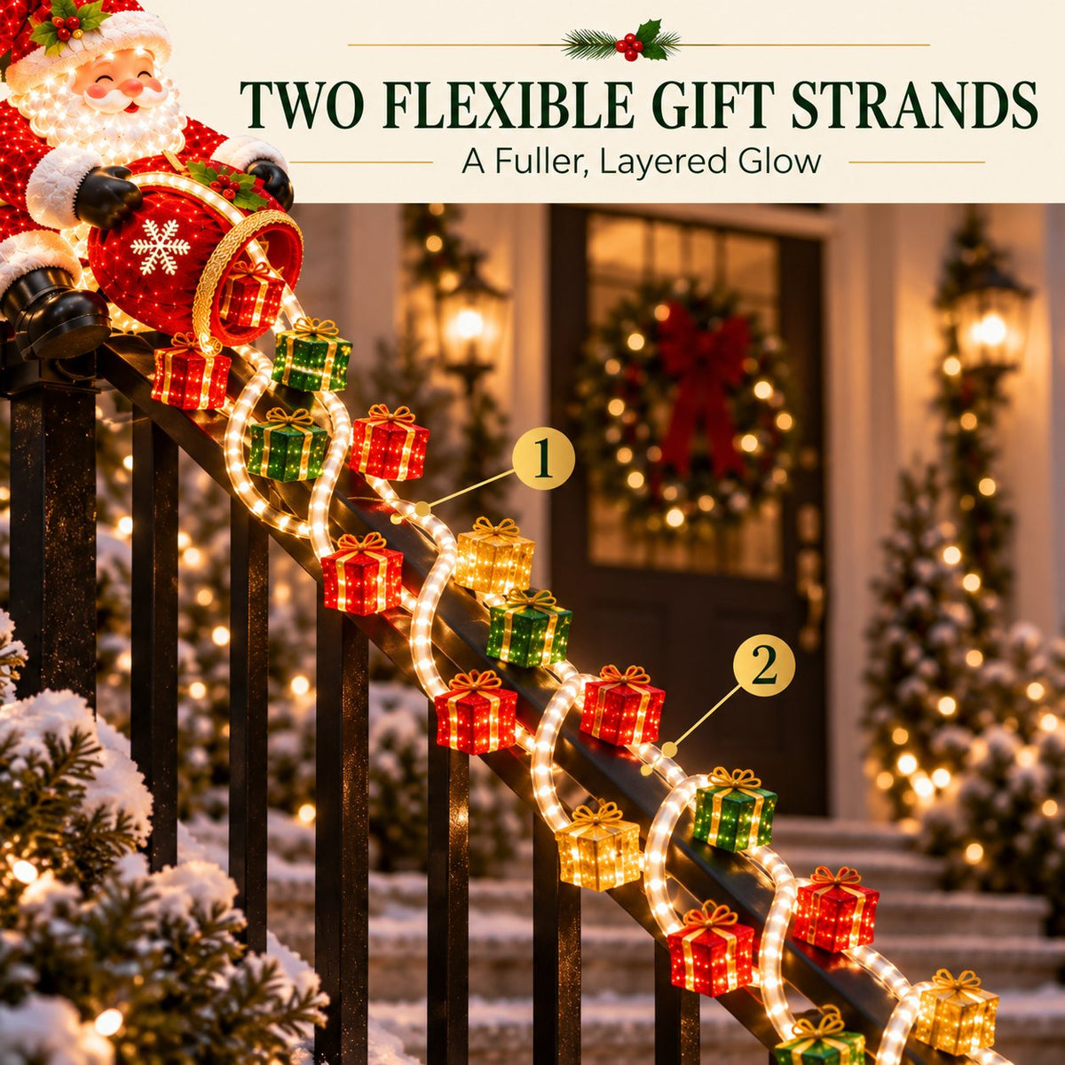 🎅🎁 Lighted Santa Gift Cascade Railing Décor
