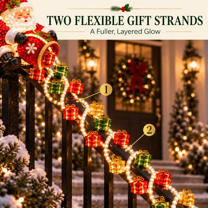🎅🎁 Lighted Santa Gift Cascade Railing Décor