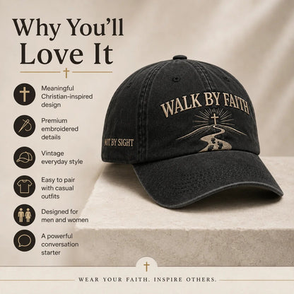 ✝️ WALK BY FAITH Vintage Embroidered Cap |  A Meaningful Vintage-Washed Cap for Church, Everyday Wear, Road Trips & Encouragement Gifts. ✨