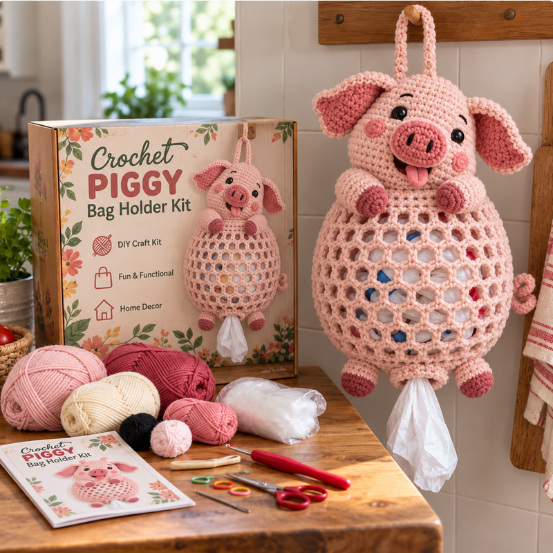 Pig crochet bag holder DIY kit in pink with curly tail and rosy snout