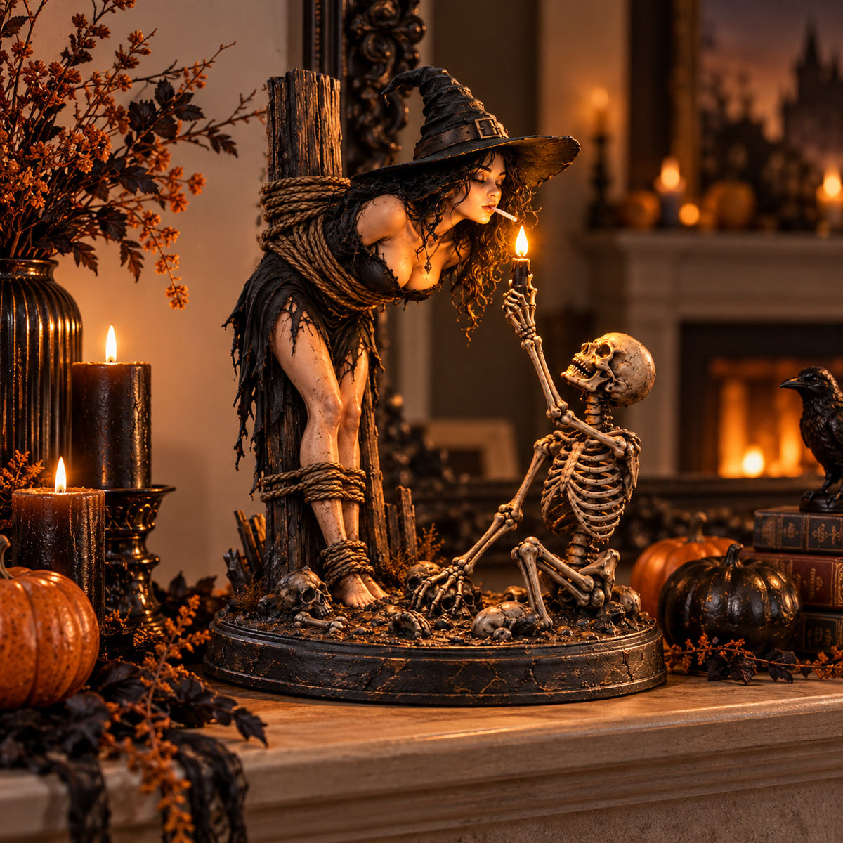 🎃 LIMITED-TIME 50% OFF | Witch’s Last Light™ – Gothic Witch & Skeleton Candle Scene Halloween Decor