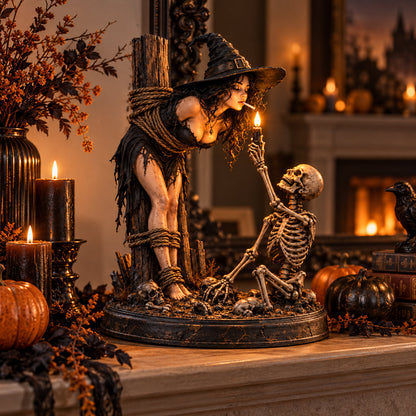🎃 LIMITED-TIME 50% OFF | Witch’s Last Light™ – Gothic Witch & Skeleton Candle Scene Halloween Decor