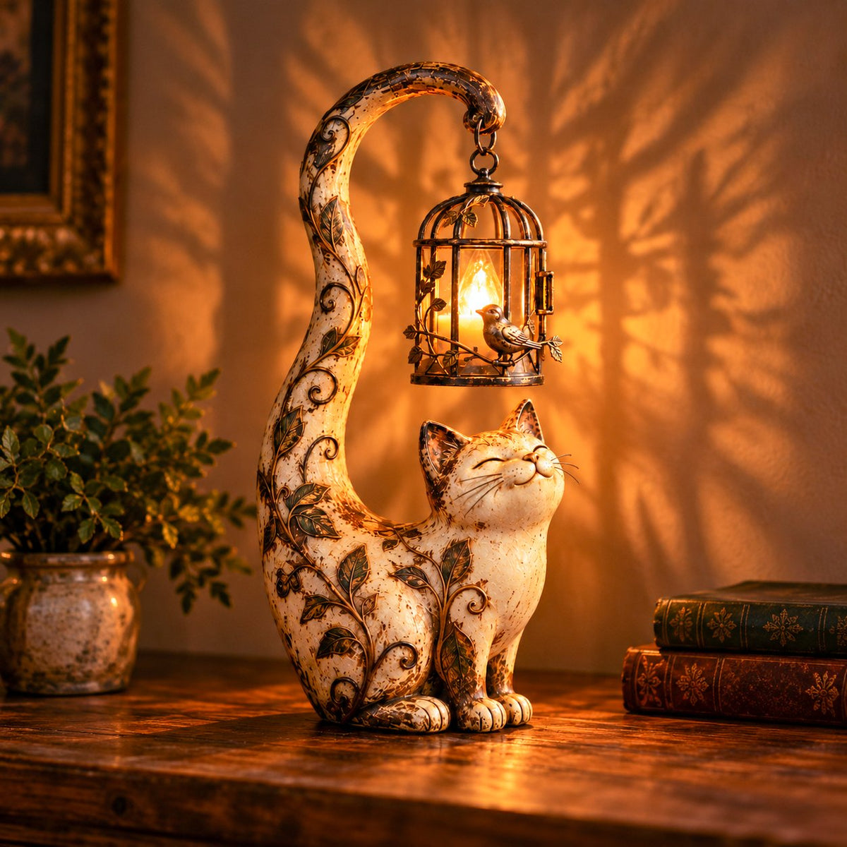 Little Guardian Cat Lantern creating warm light and shadows